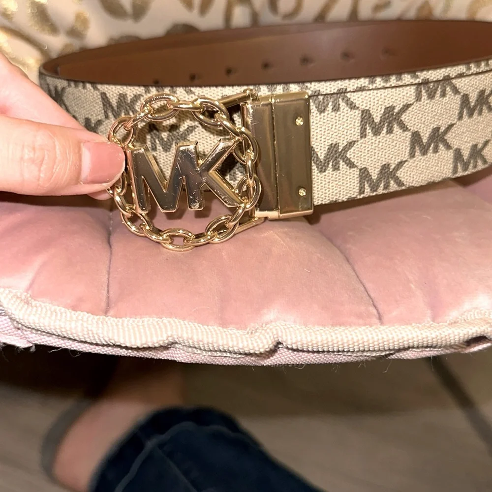 Michael Kors Brown Reversible Logo Belt with Gold MK Buckle